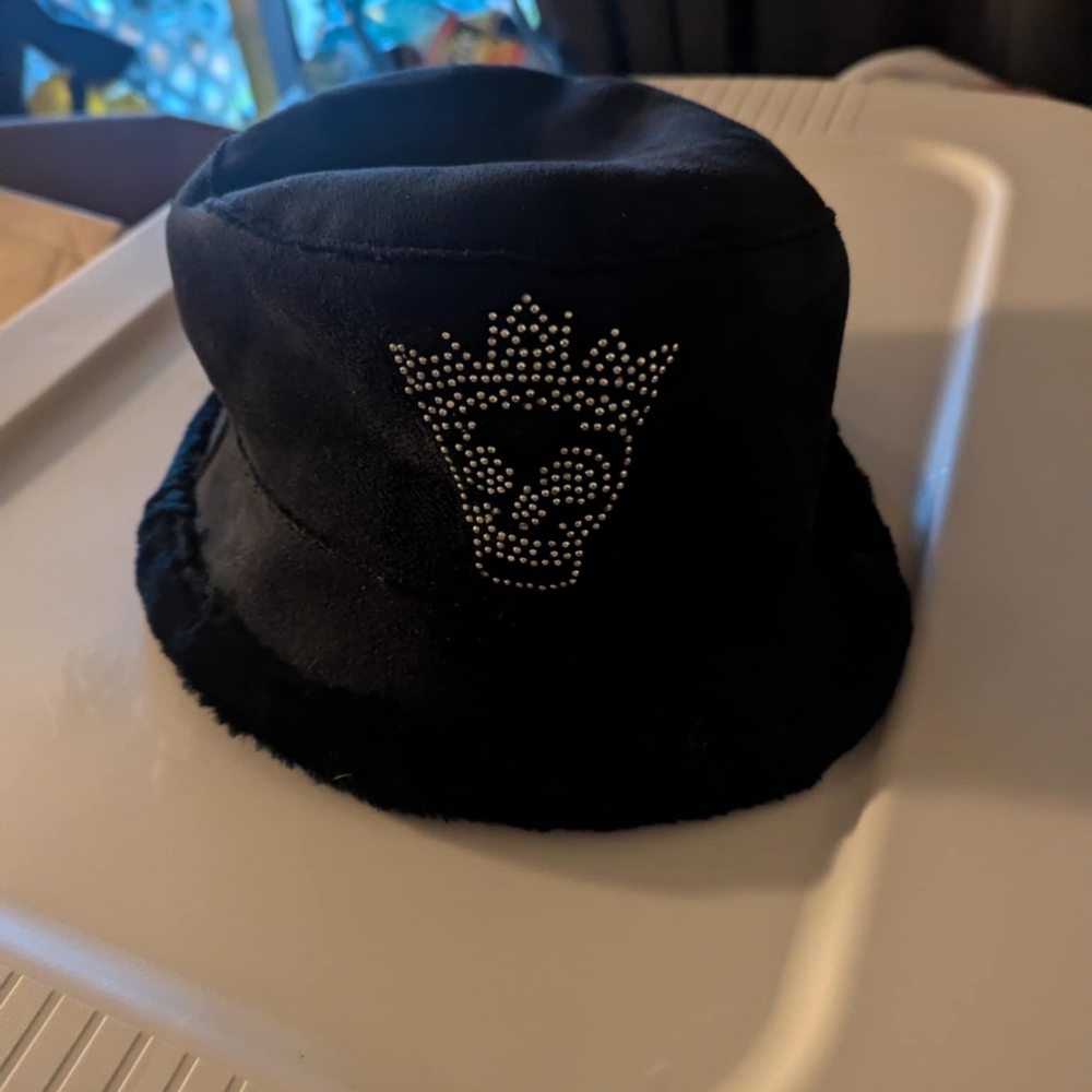 Black Bucket Hat with Rhinestone Skull Design
